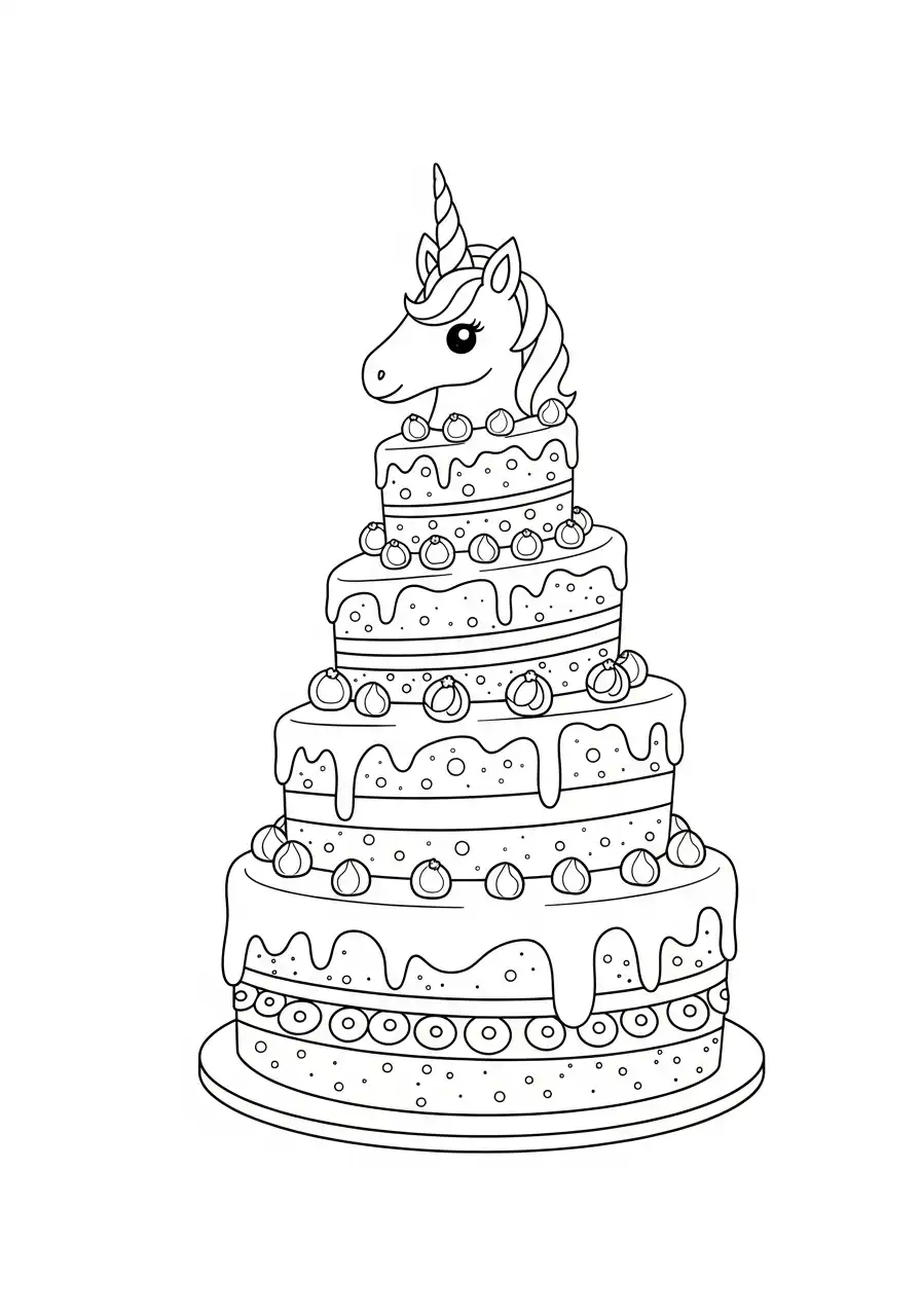 enorme vijf lagen eenhoorn taart kleurplaat
