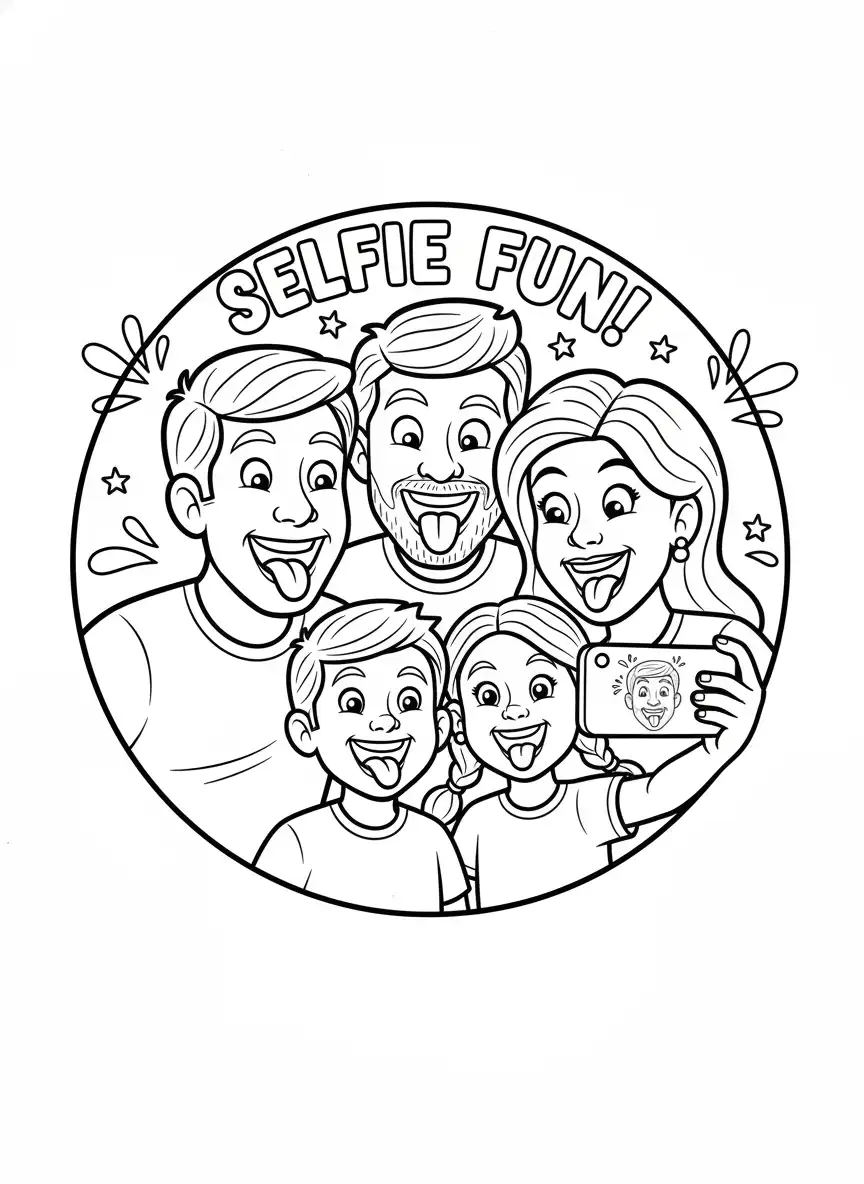 familiedag grappige selfie maken kleurplaat