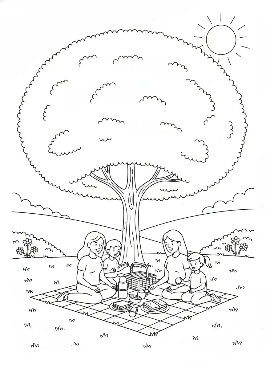 familiedag picknick in het park kleurplaat