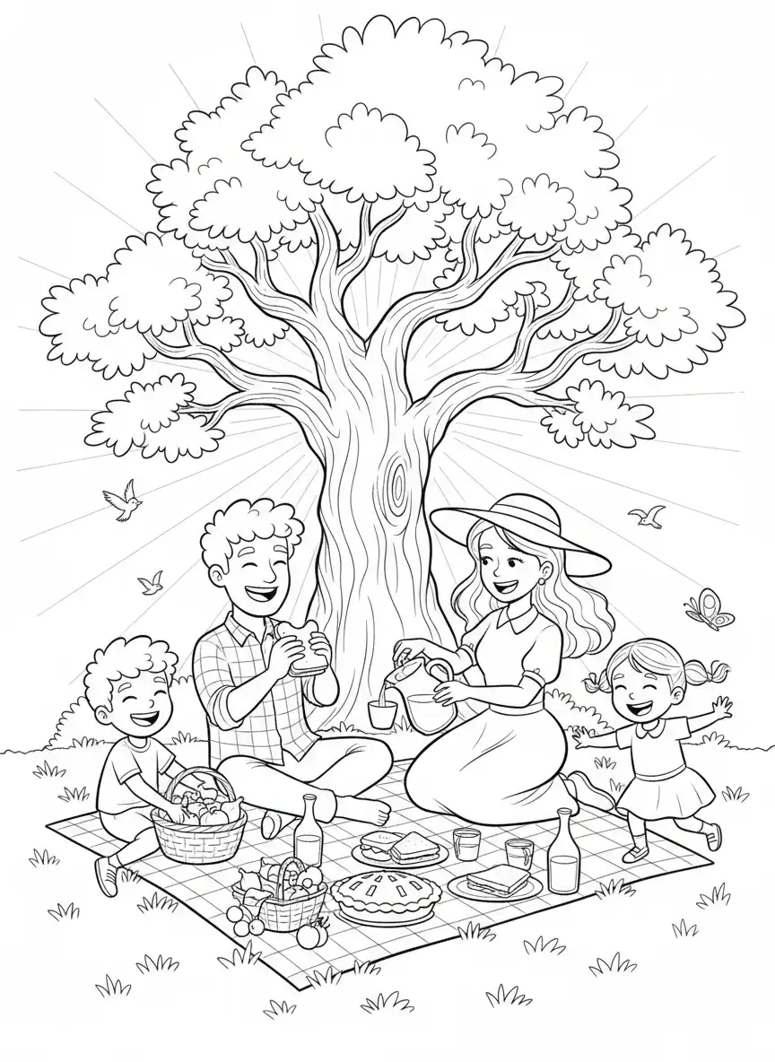 familiedag picknick onder boom kleurplaat