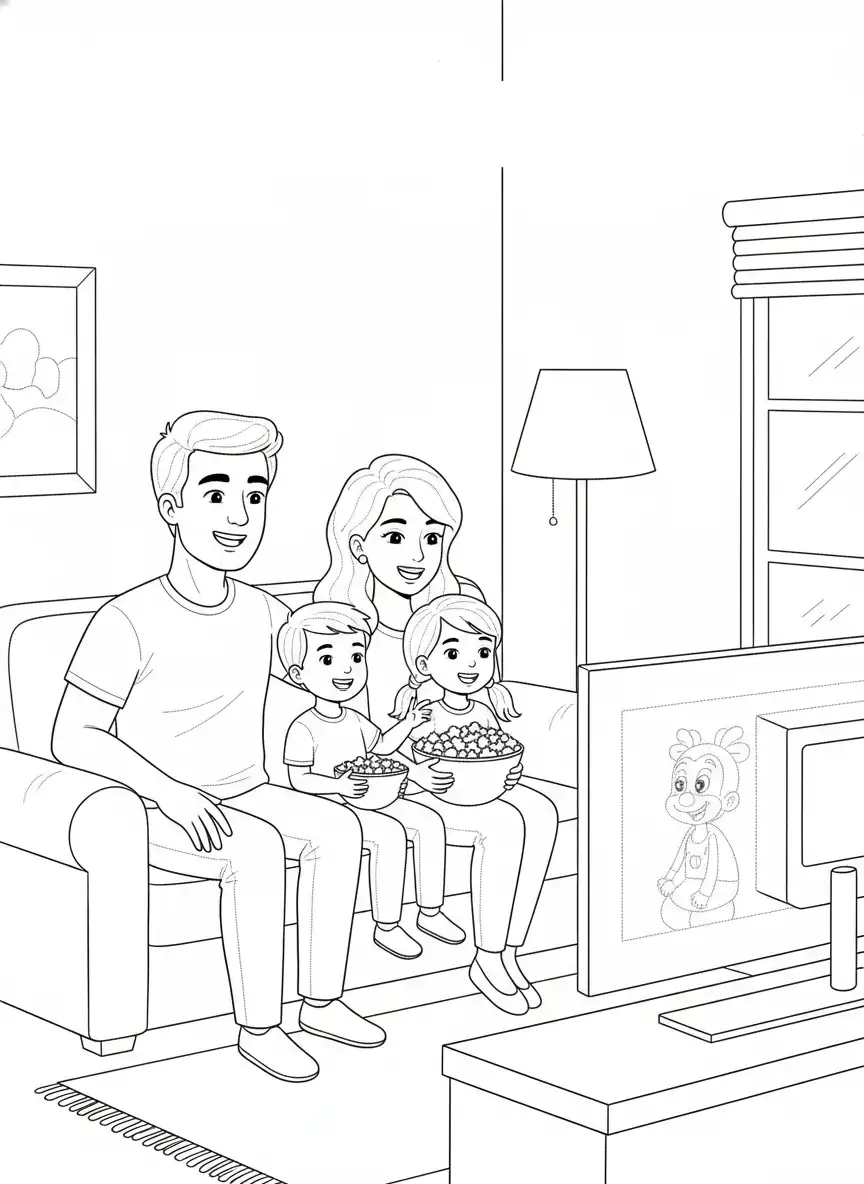 familiedag samen film kijken thuis kleurplaat