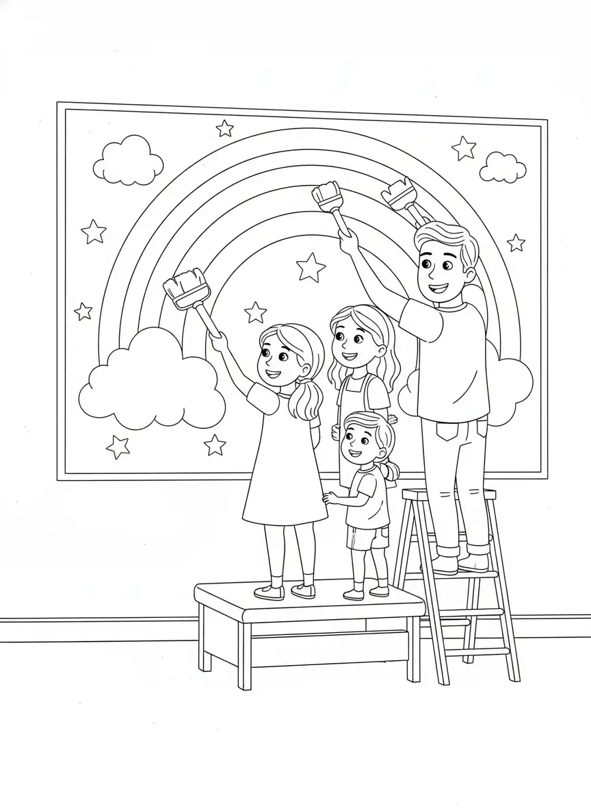 familiedag samen regenboog schilderen kleurplaat