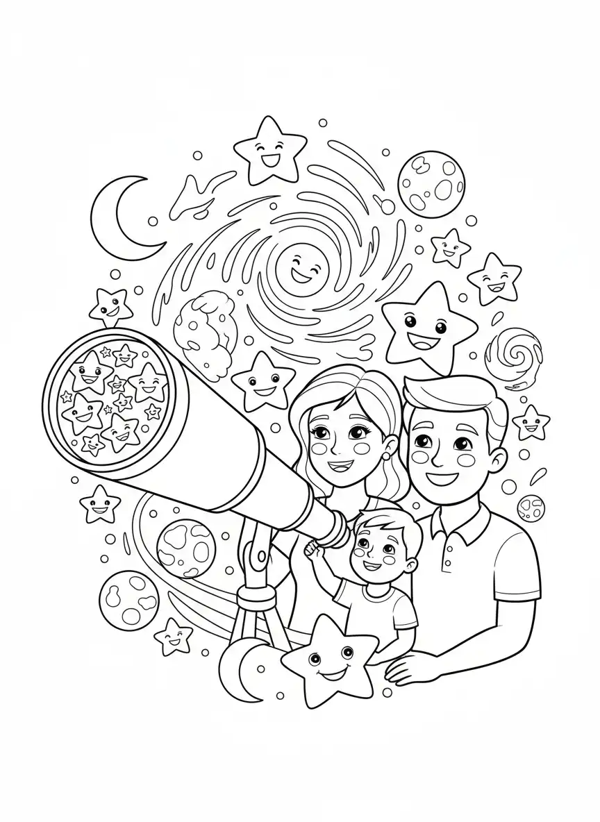 familiedag sterren kijken telescoop kleurplaat
