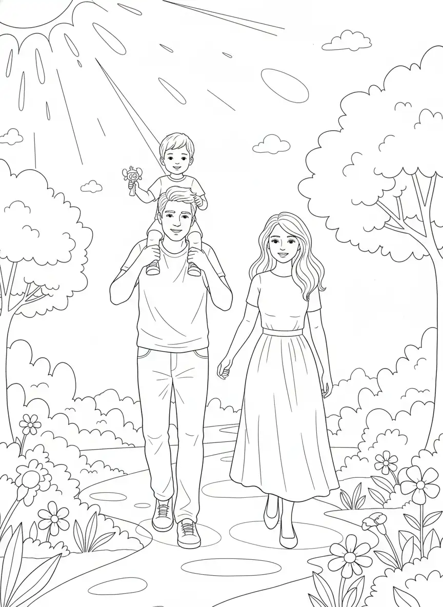 familiedag wandelen in natuur kleurplaat