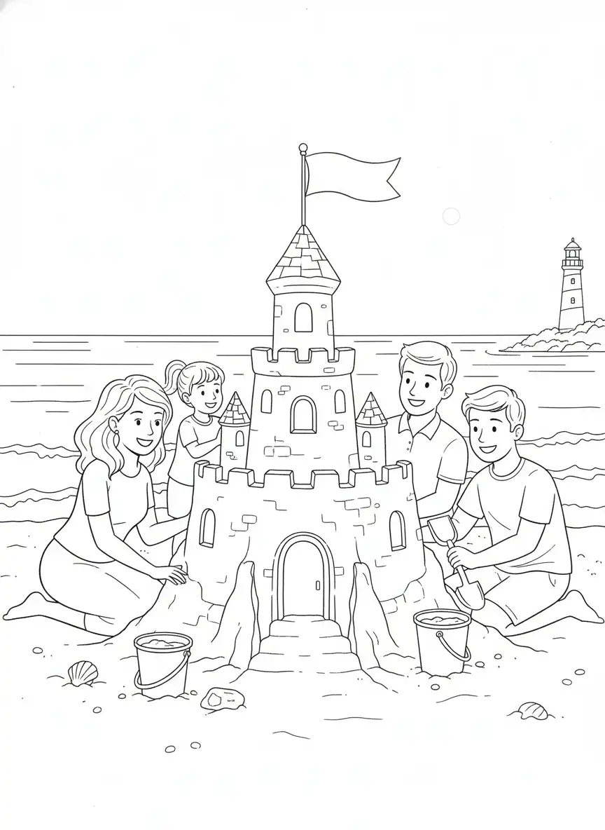 familiedag zandkasteel bouwen strand kleurplaat