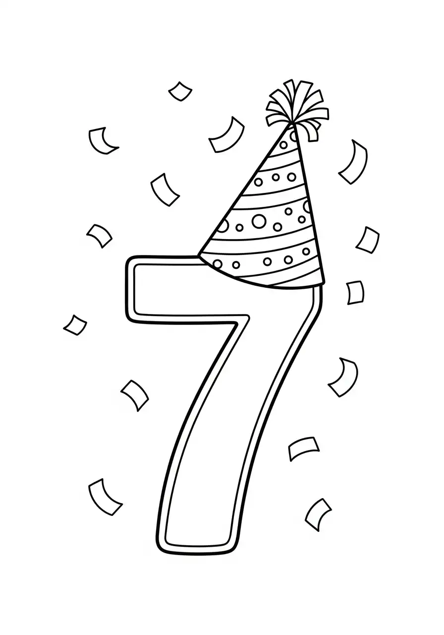 feestelijk cijfer 7 met feestmuts kleurplaat