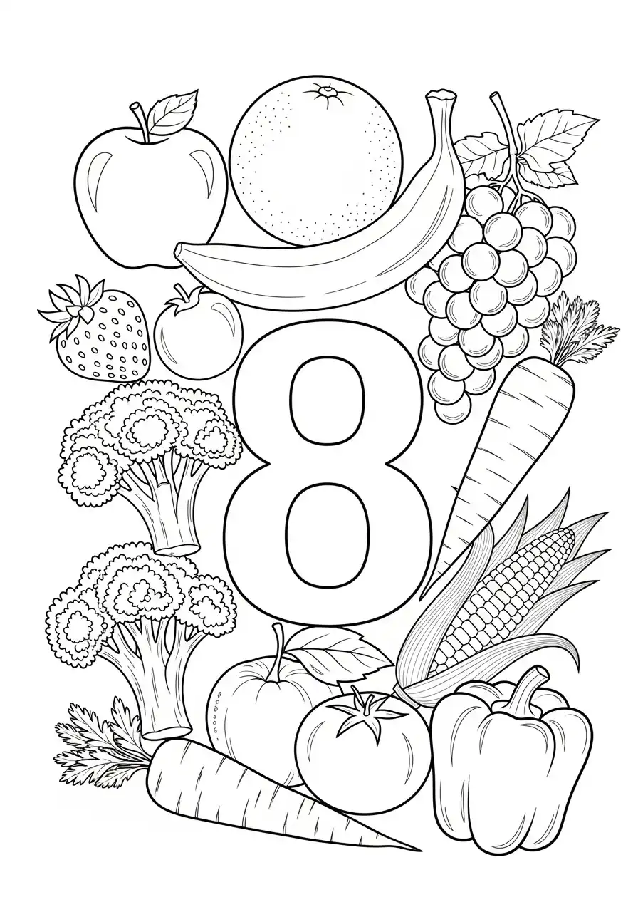 Cijfers 8 Kleurplaat 15 fruit groenten cijfer 8 kleurplaat
