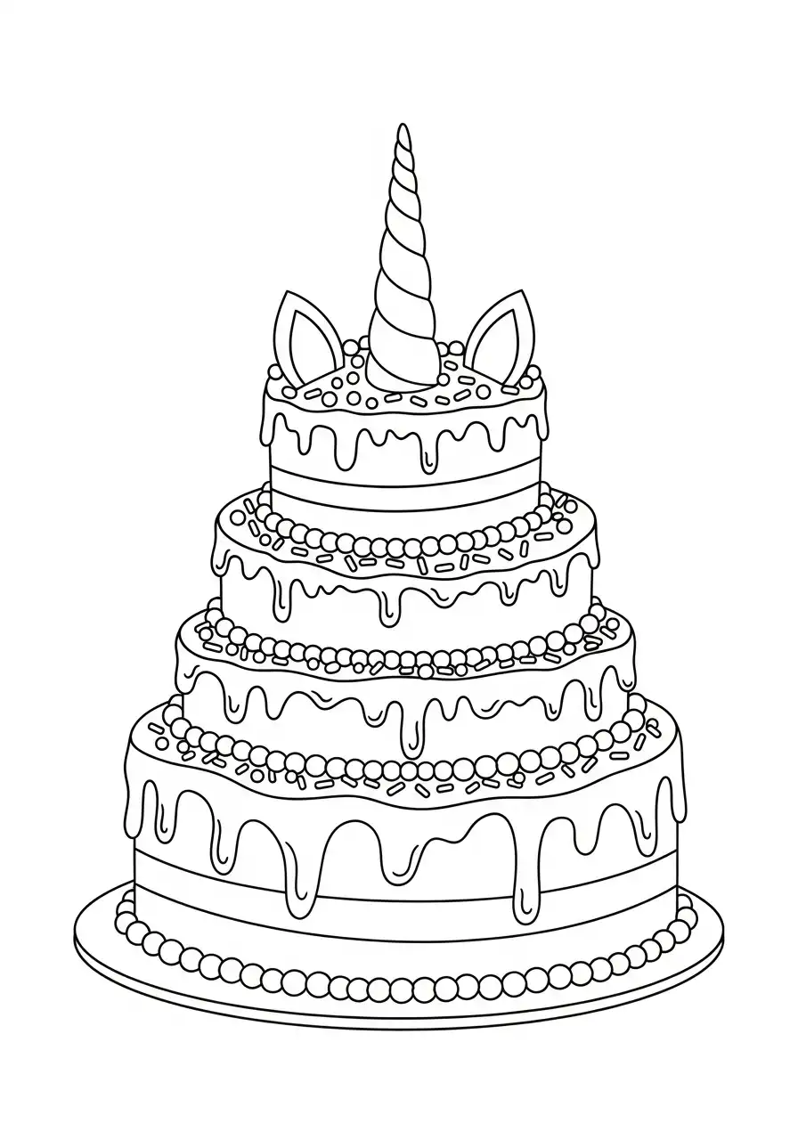 grote vier lagen eenhoorn taart kleurplaat