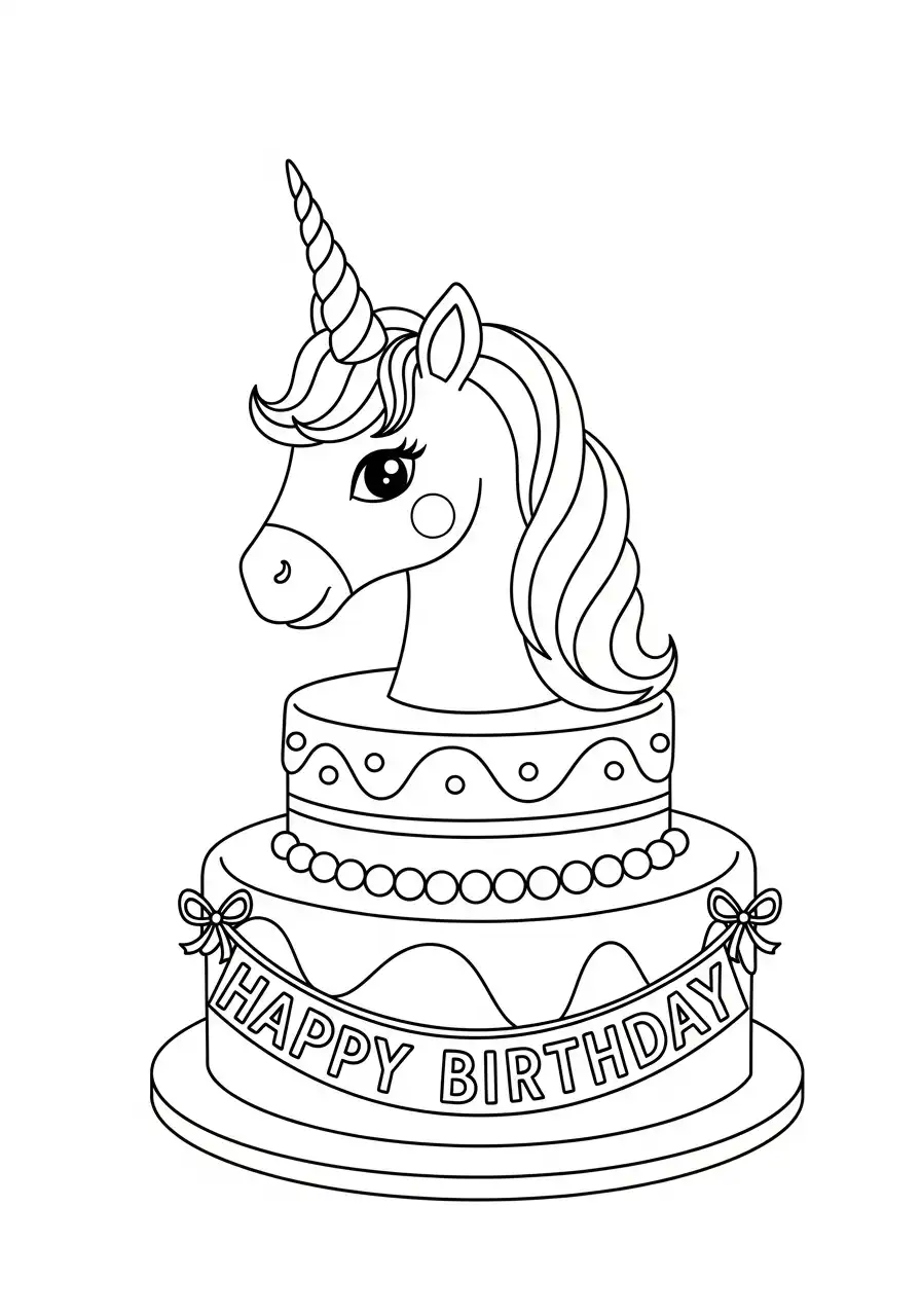 happy birthday eenhoorn taart kleurplaat