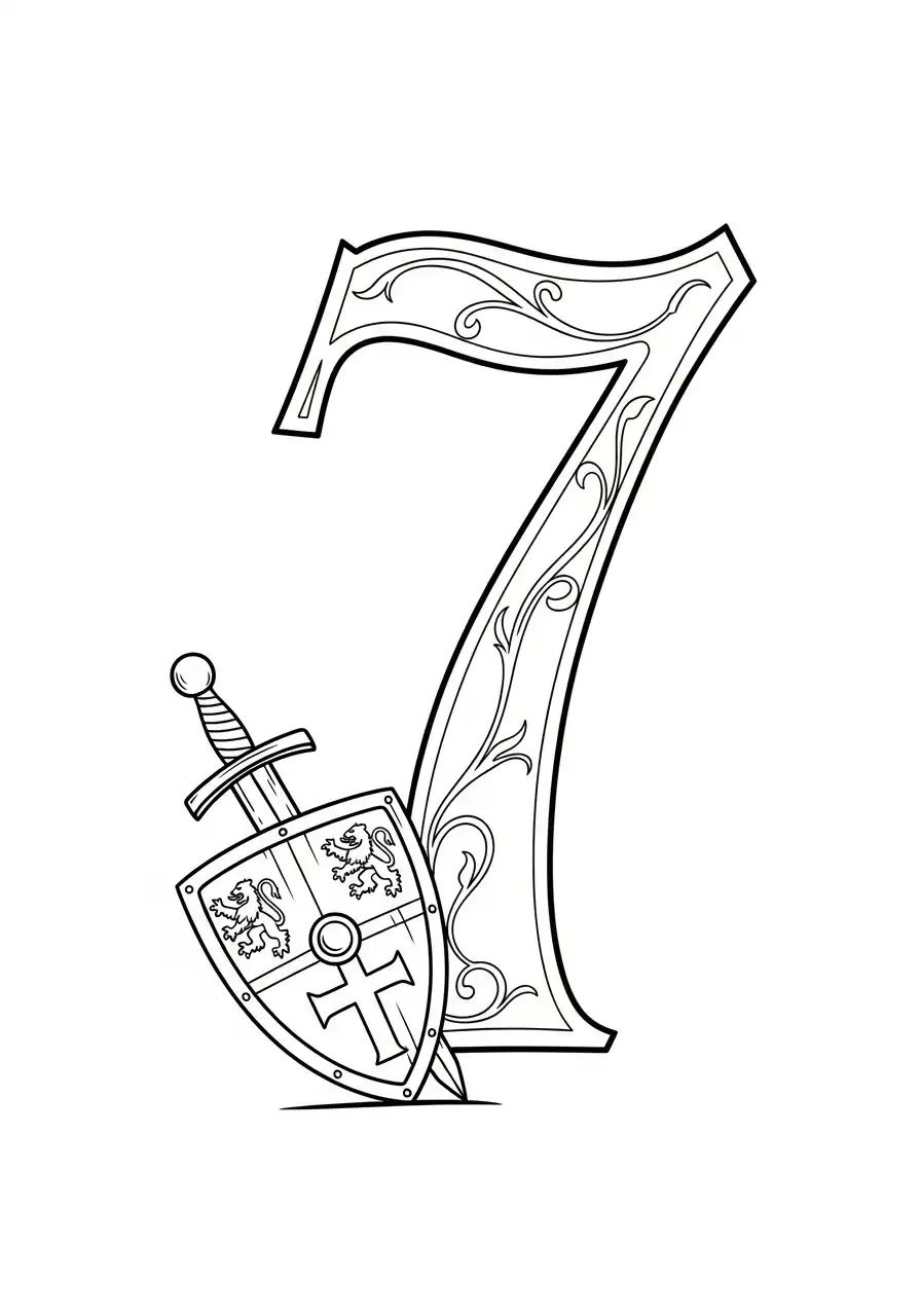 middeleeuws cijfer 7 met schild en zwaard kleurplaat