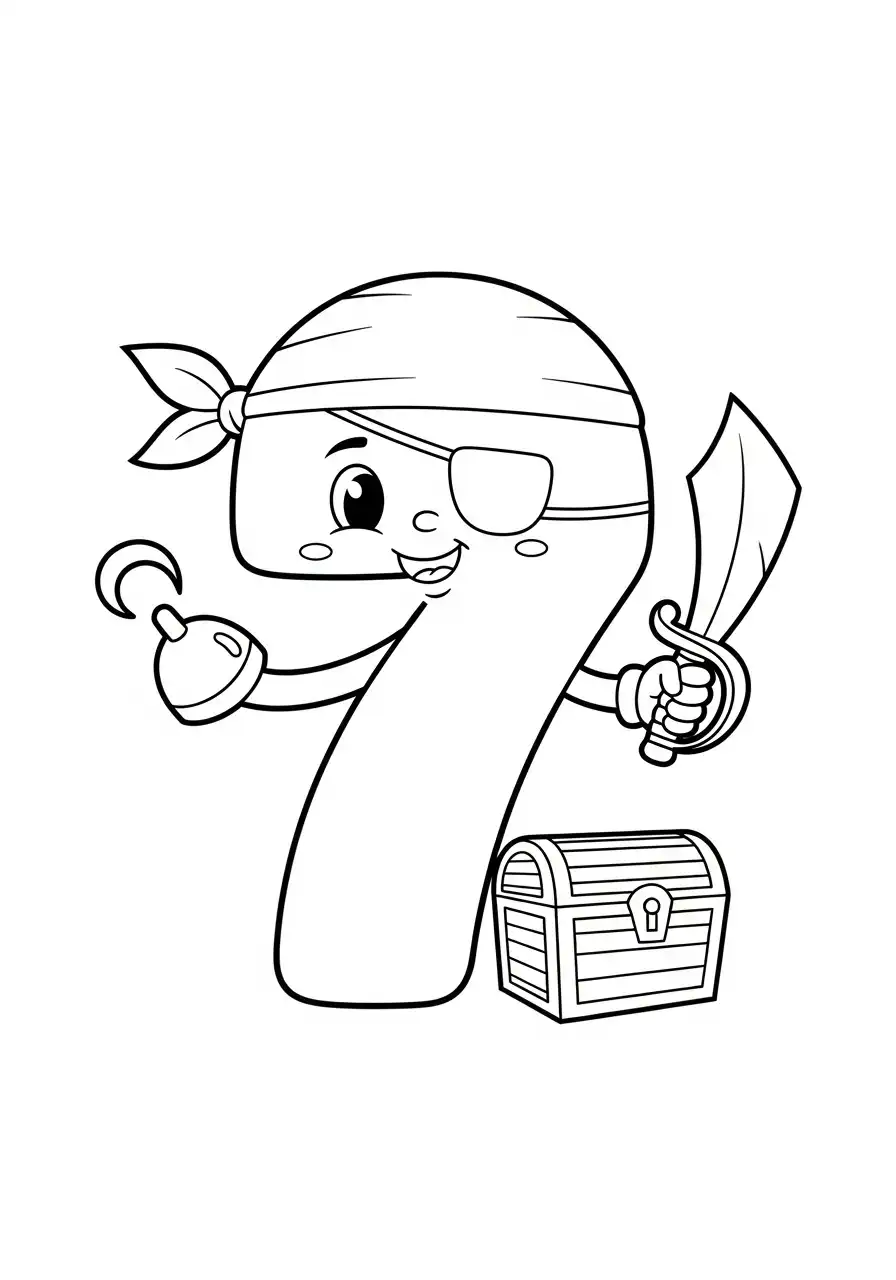 piraat cijfer 7 met schatkist kleurplaat