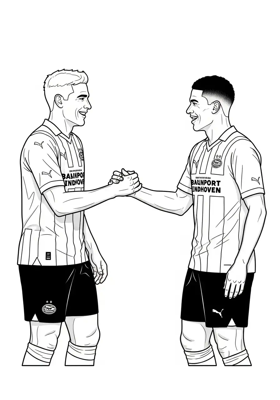psv spelers schudden handen kleurplaat