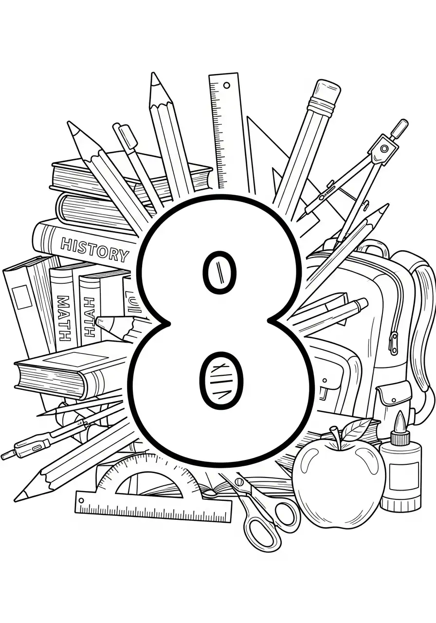 Cijfers 8 Kleurplaat 30 schoolspullen boeken appels cijfer 8 kleurplaat
