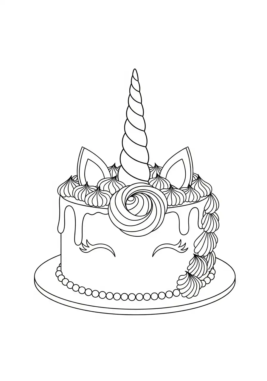simpele eenhoorn taart met oortjes kleurplaat