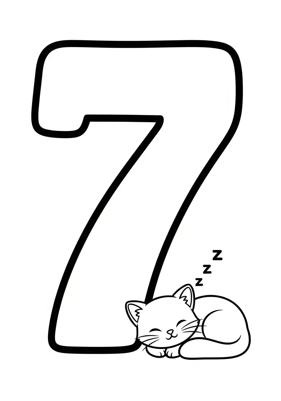 slapende kat bij cijfer 7 kleurplaat
