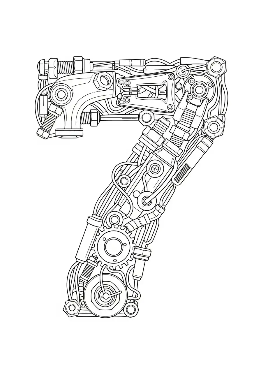 steampunk cijfer 7 met tandwielen kleurplaat