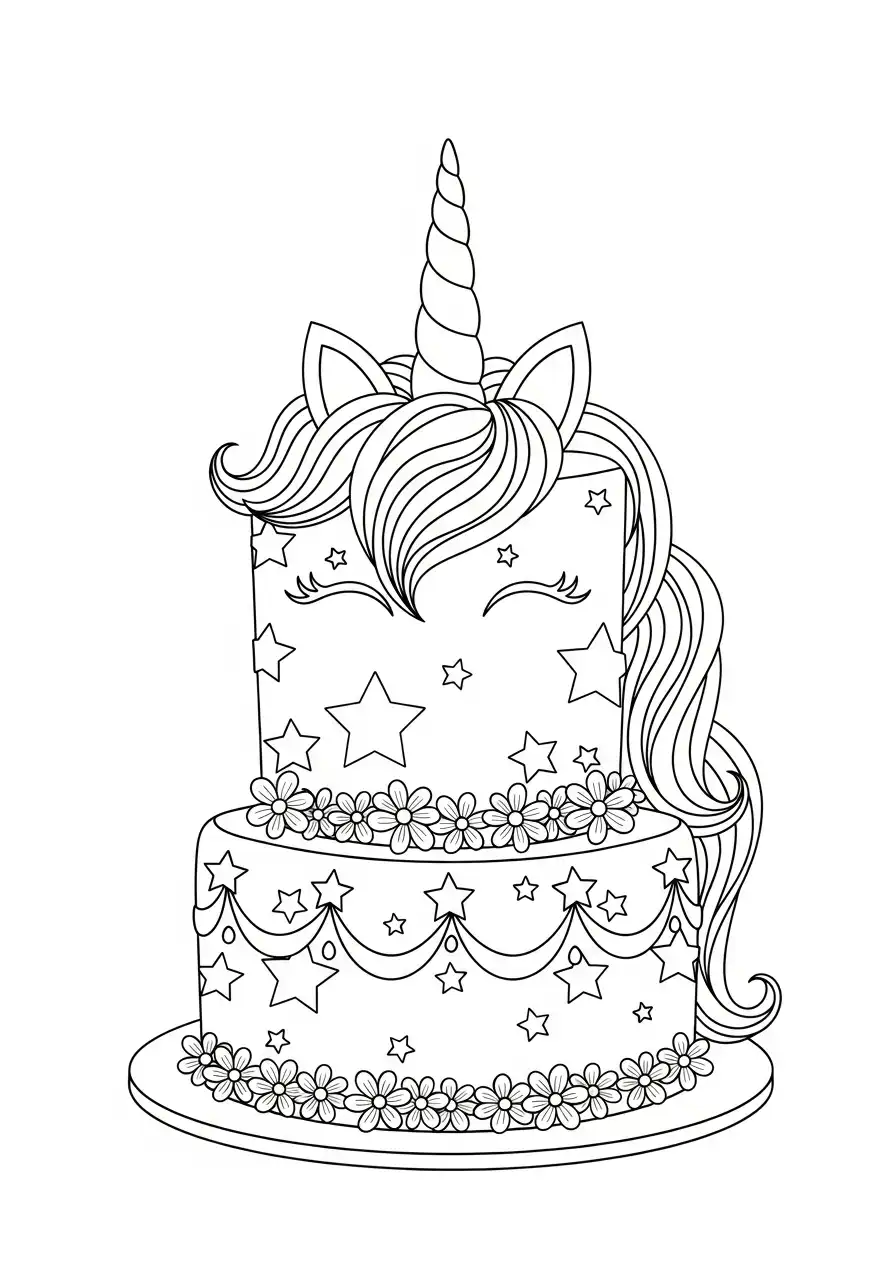 sterren eenhoorn taart met bloemen kleurplaat