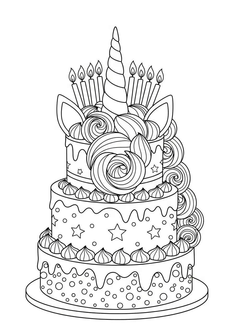 verjaardag eenhoorn taart met kaarsjes kleurplaat
