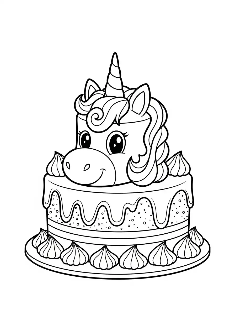 vrolijke eenhoorn op taart kleurplaat