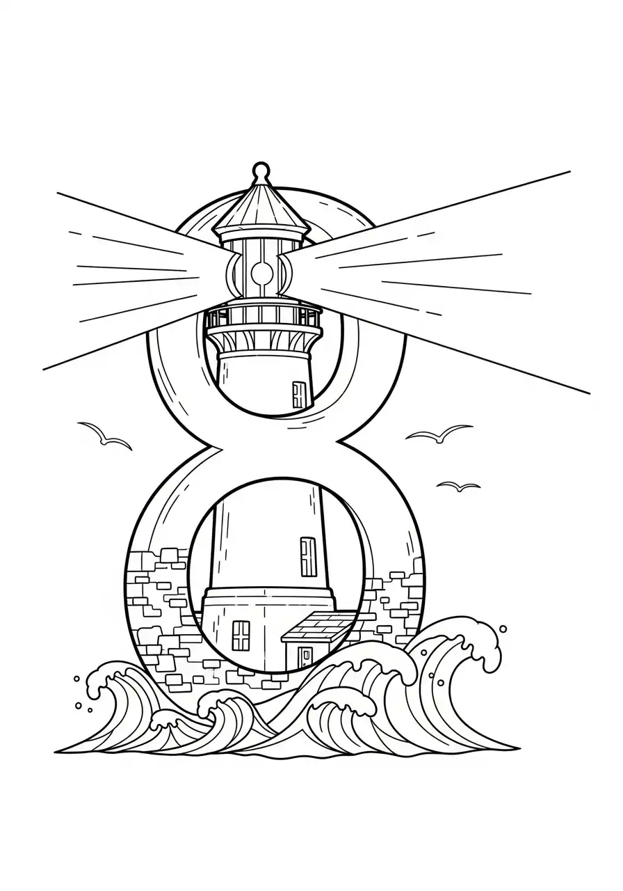 Cijfers 8 Kleurplaat 34 vuurtoren zee golven cijfer 8 kleurplaat