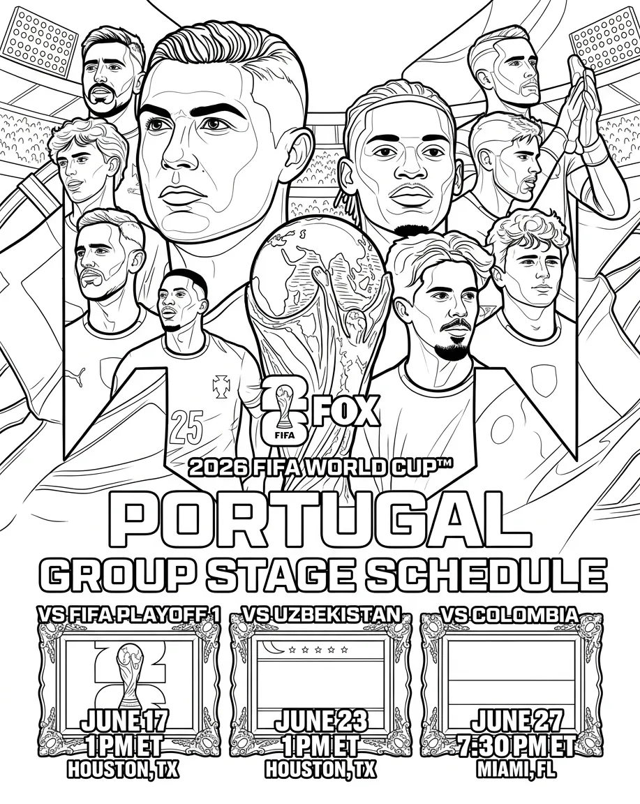 Portugees voetbalelftal WK 2026 Kleurplaat 15 Portugees voetbalelftal WK 2026 Kleurplaat 7