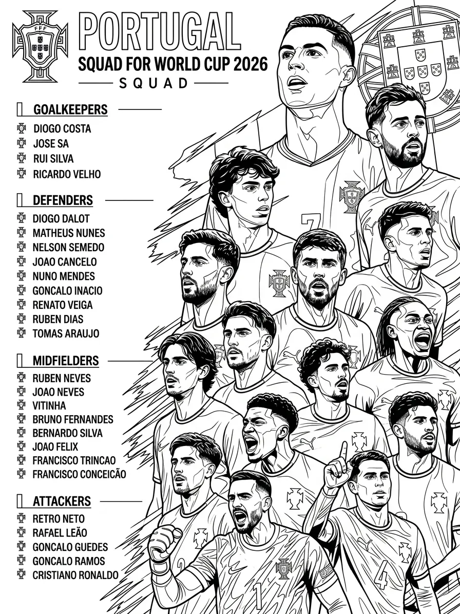 Portugees voetbalelftal WK 2026 Kleurplaat 36 Portugees voetbalelftal WK 2026 Kleurplaat 28