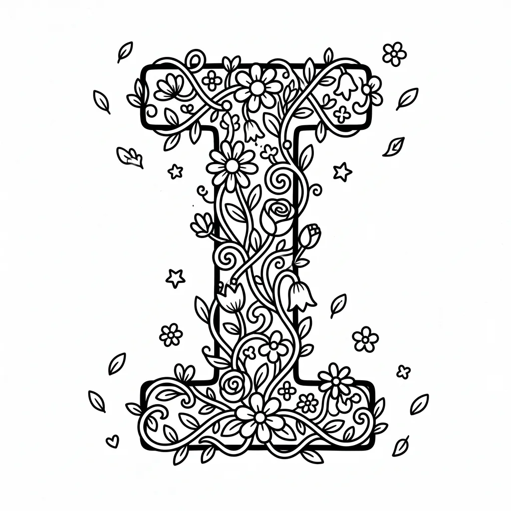 Letter I bloemen kleurplaat 15