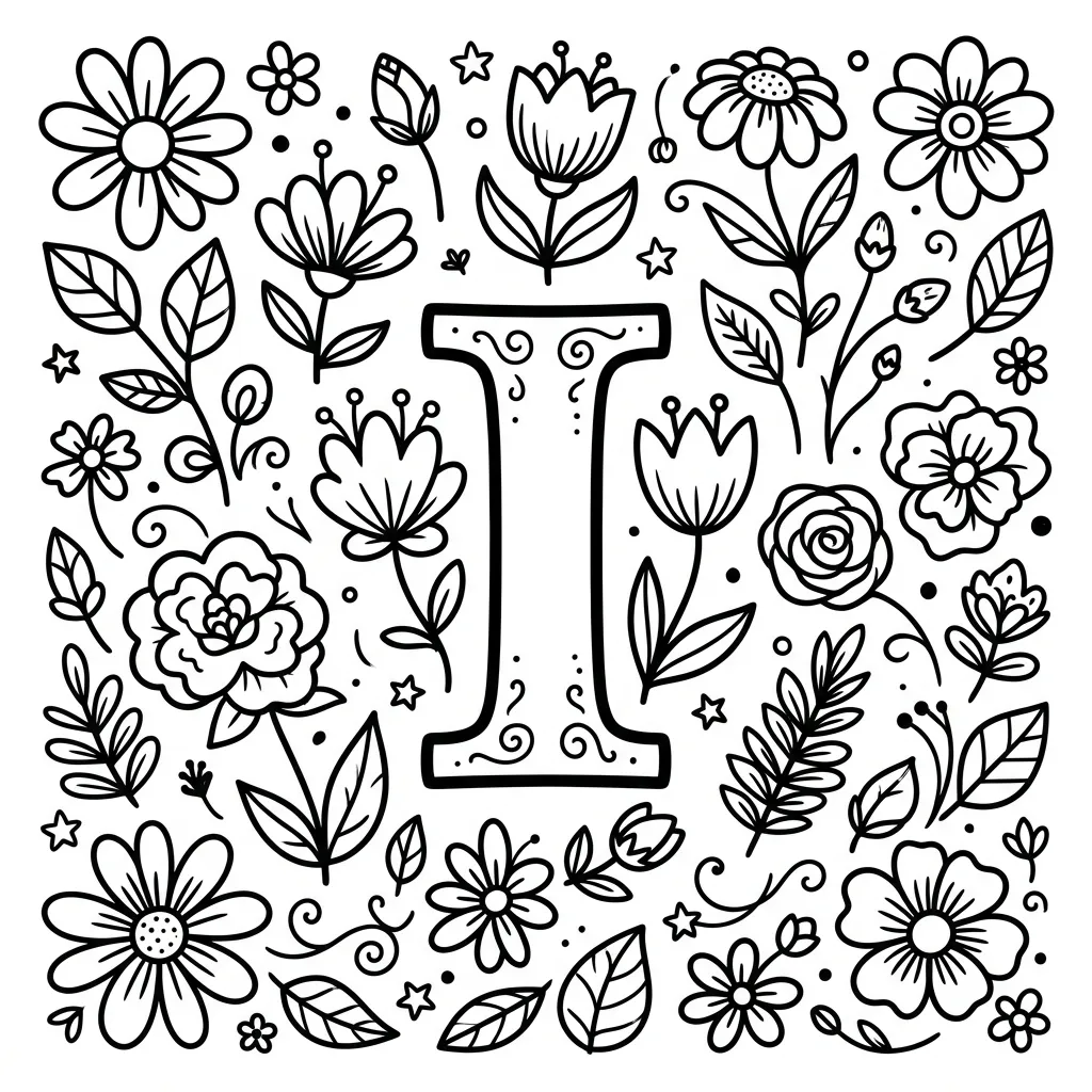Letter I bloemen kleurplaat 7