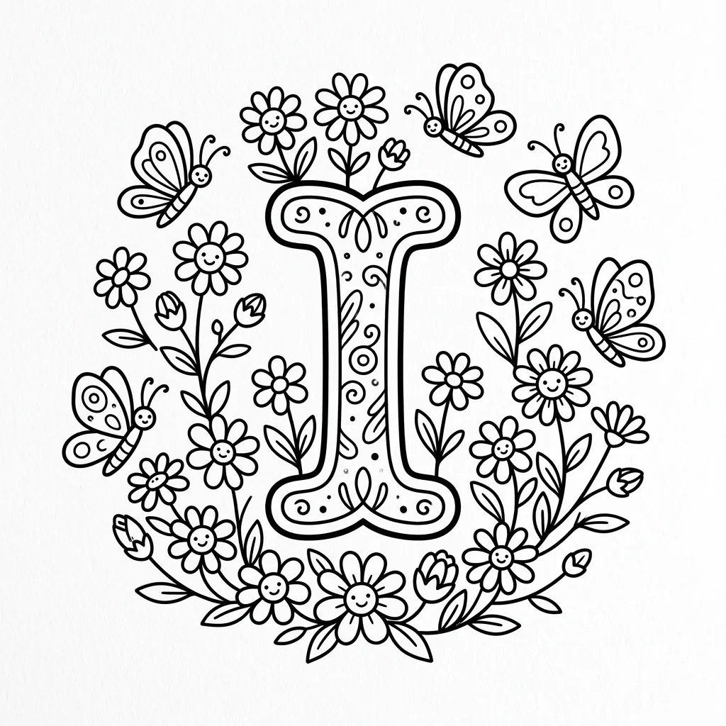 Letter I bloemen kleurplaat 11