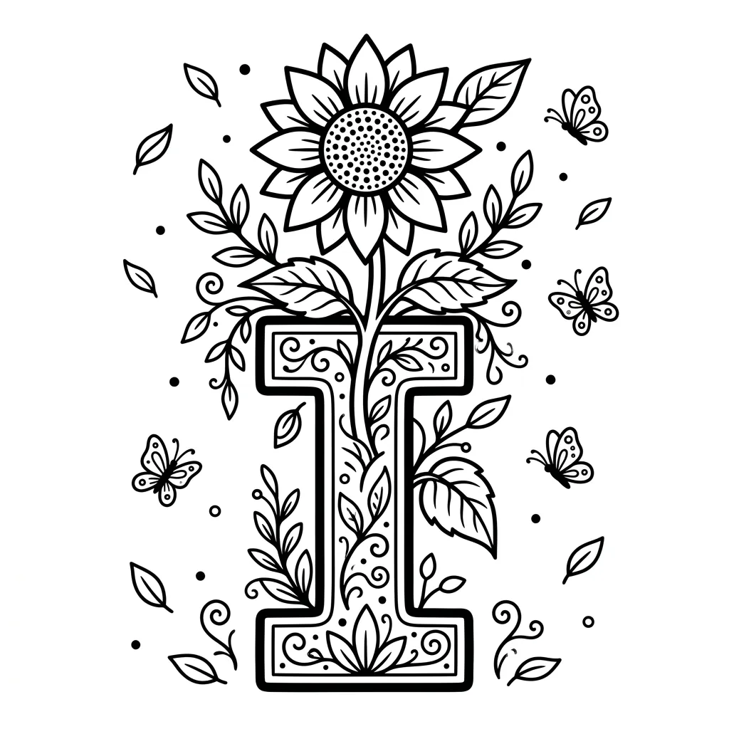 Letter I bloemen kleurplaat 2