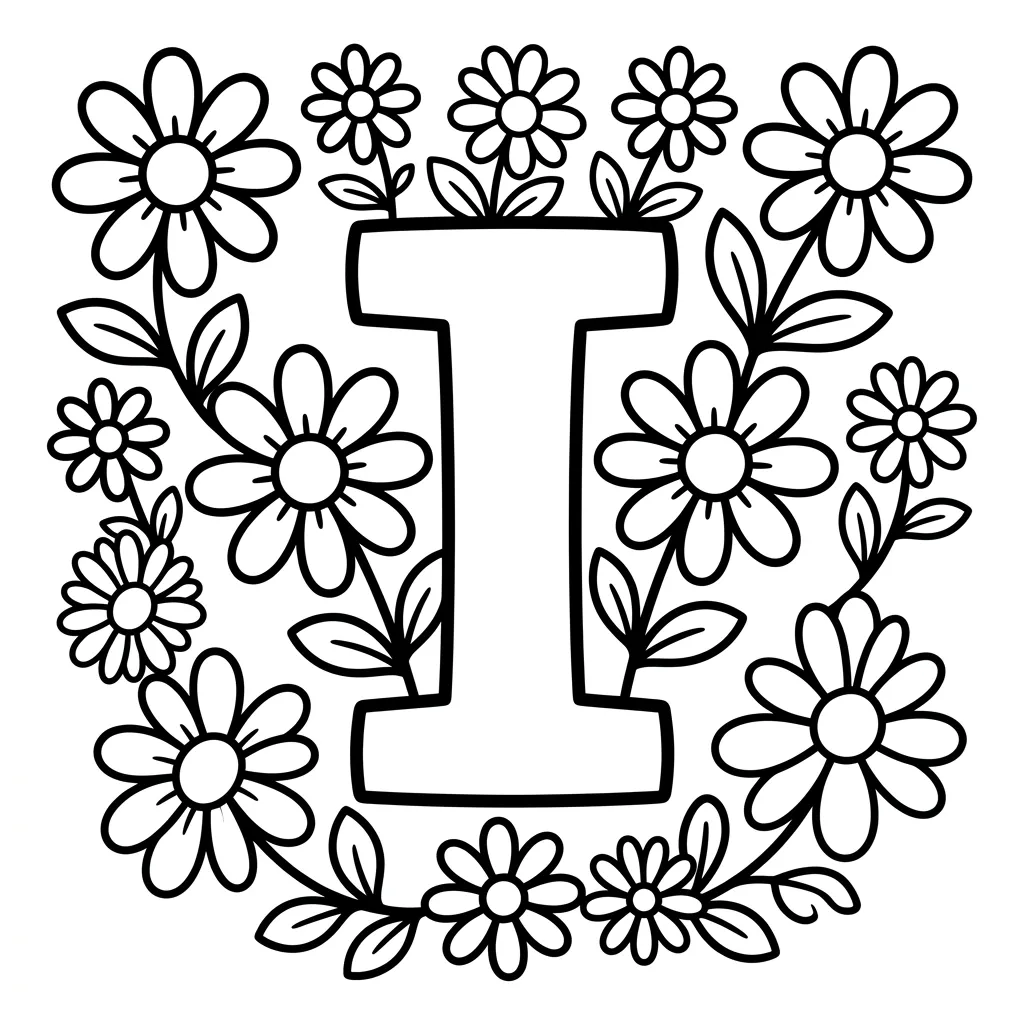 Letter I bloemen kleurplaat 3