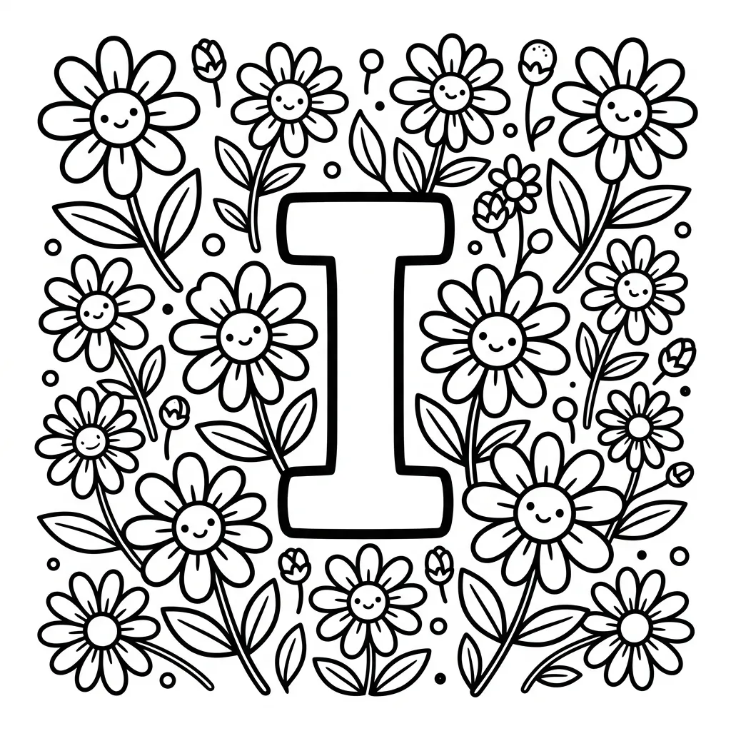 Letter I bloemen kleurplaat 4
