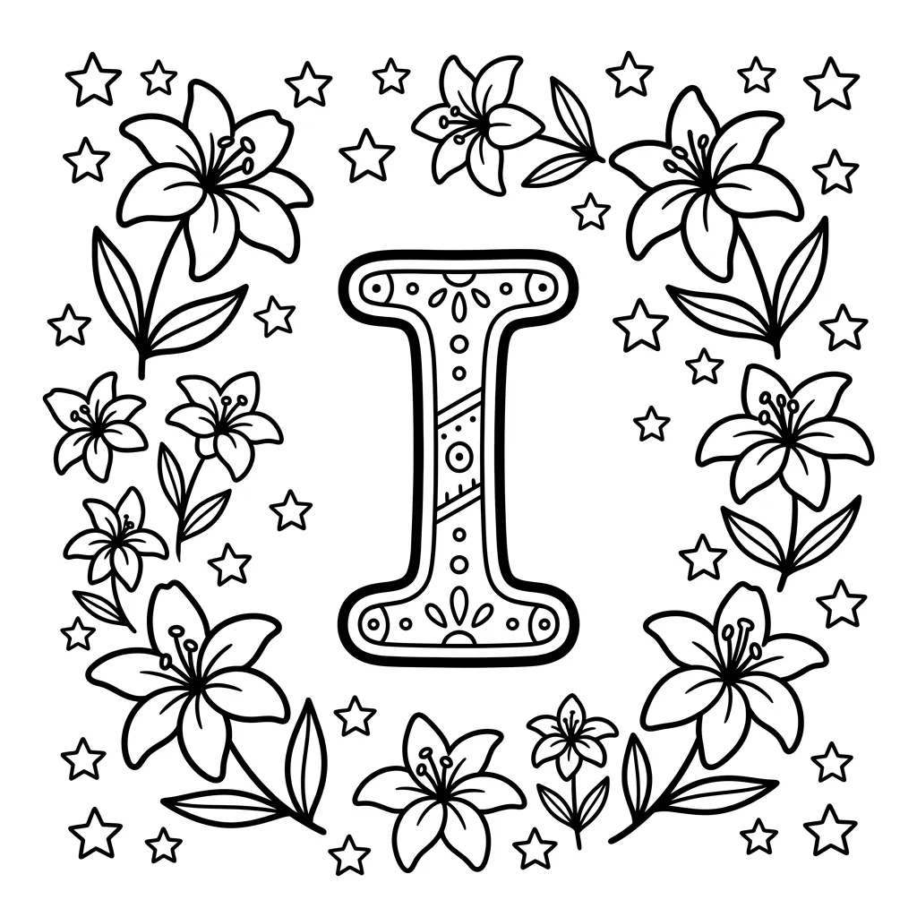 Letter I bloemen kleurplaat 5