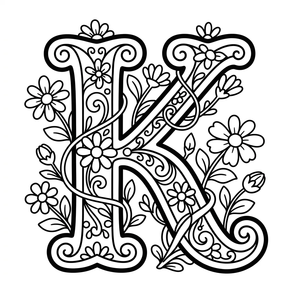 Letter K bloemen kleurplaat