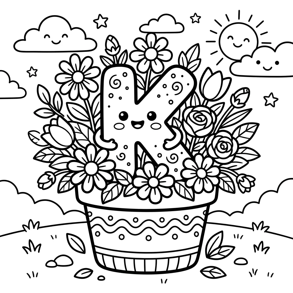 Letter K bloemen kleurplaat 2