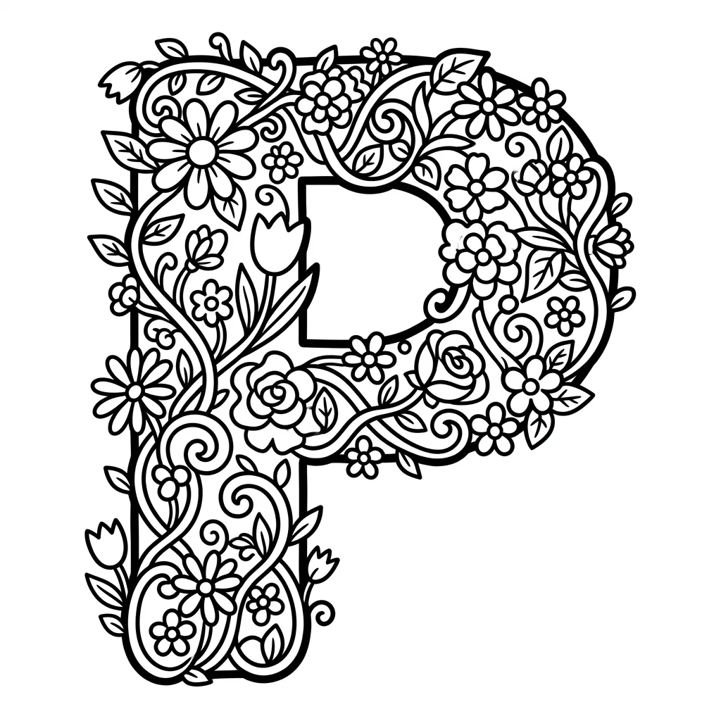 Letter P bloemen kleurplaat 4
