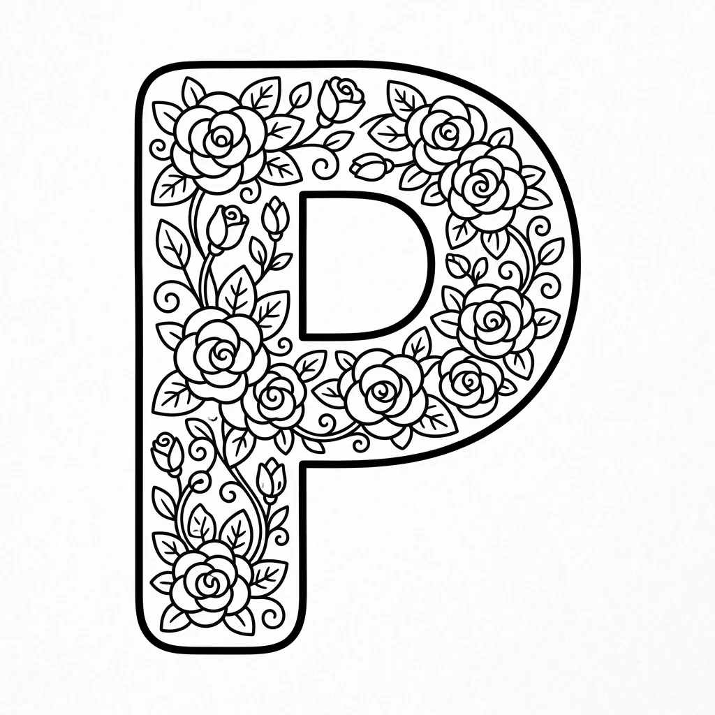 Letter P bloemen kleurplaat 2