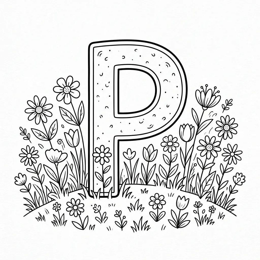 Letter P bloemen kleurplaat 3