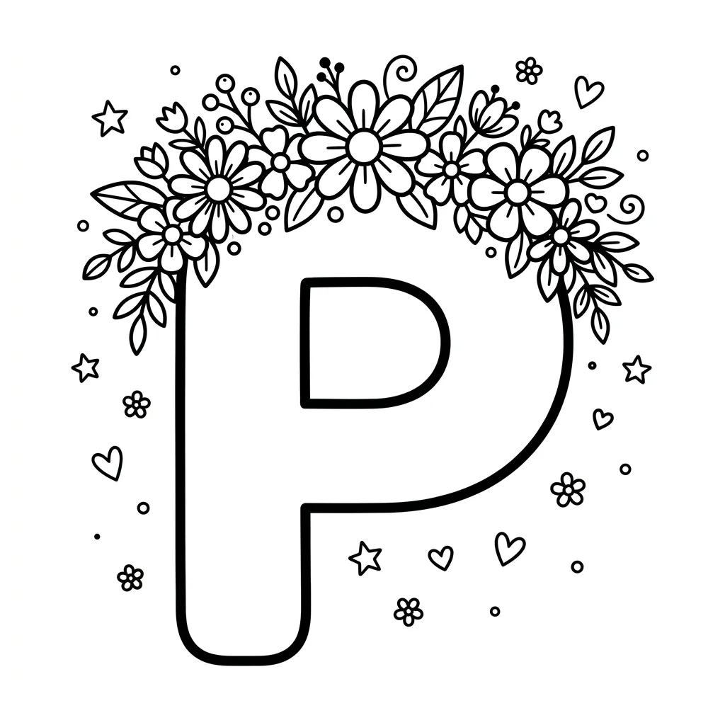 Letter P bloemen kleurplaat 5
