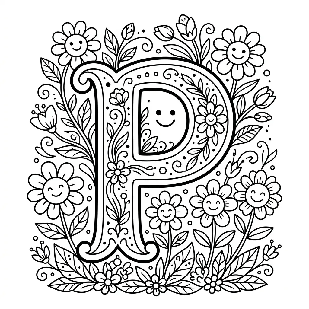 Letter P bloemen kleurplaat 6