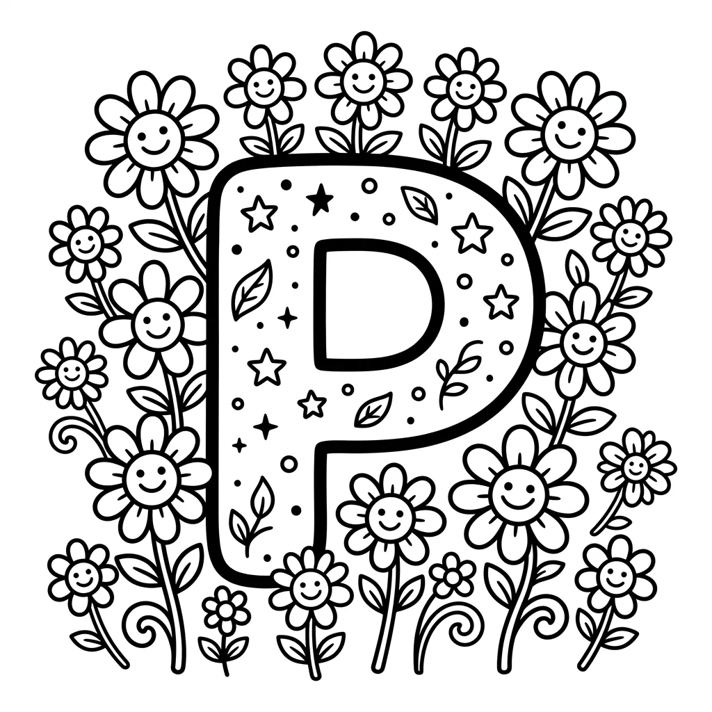 Letter P bloemen kleurplaat 7