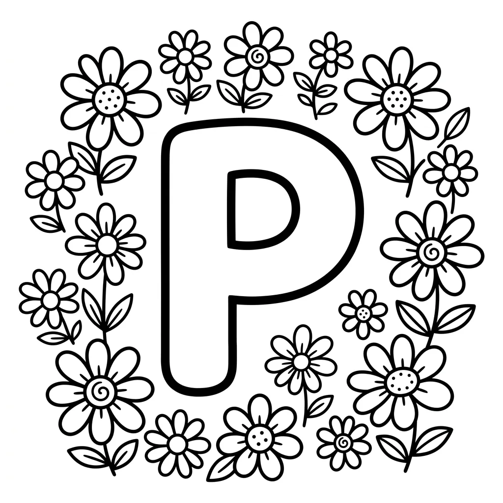 Letter P bloemen kleurplaat 8