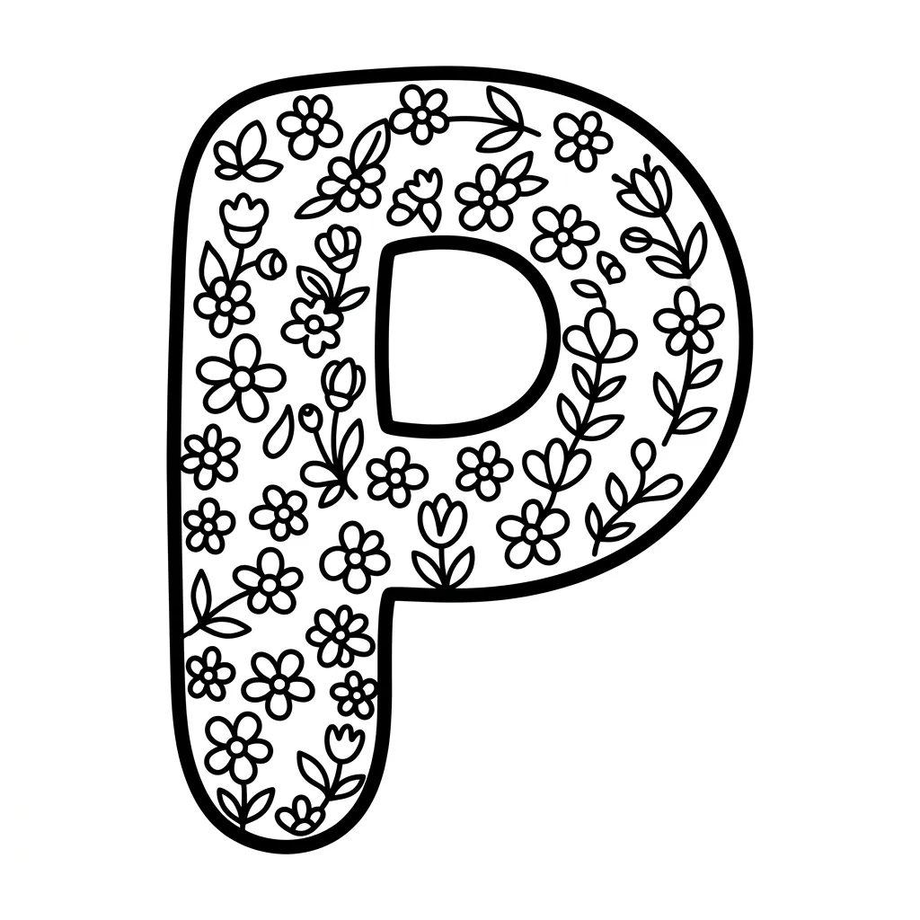Letter P bloemen kleurplaat 11