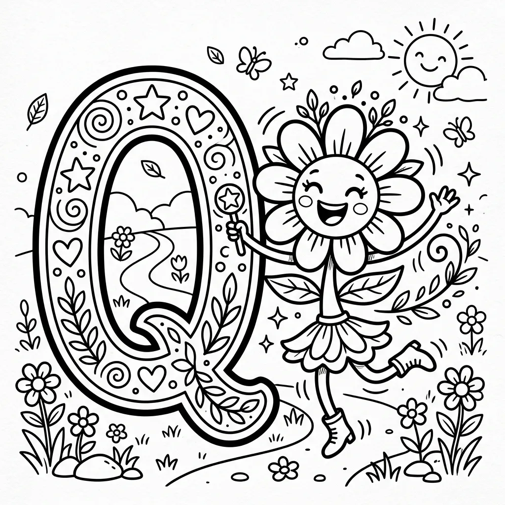 Letter Q bloemen kleurplaat 4