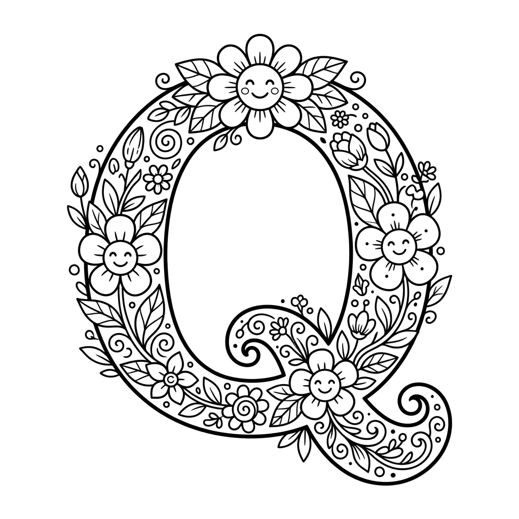 Letter Q bloemen kleurplaat 8