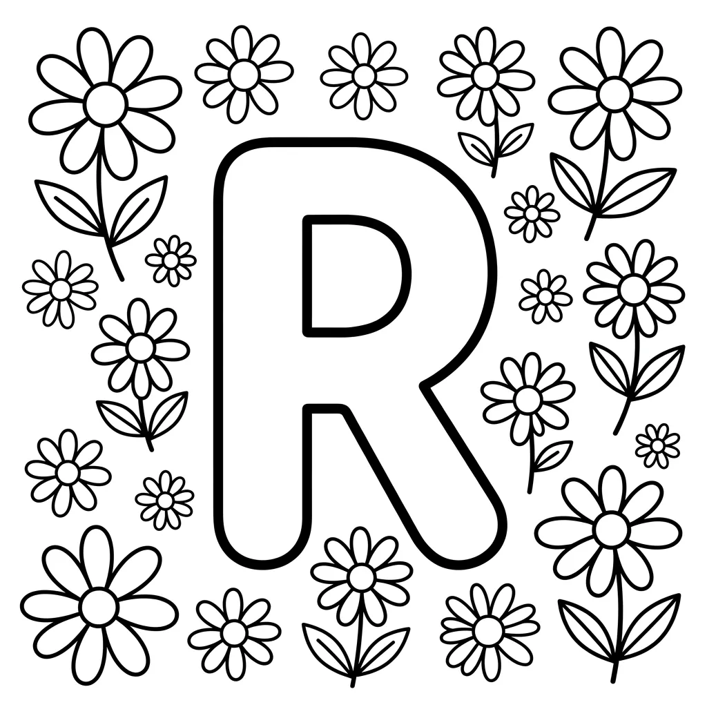 Letter R bloemen kleurplaat 6