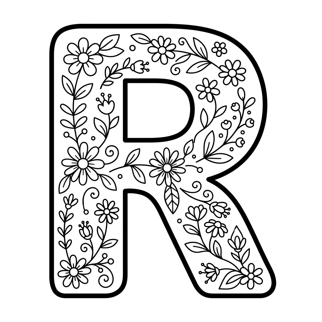 Letter R bloemen kleurplaat 1