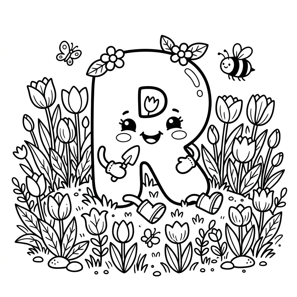 Letter R bloemen kleurplaat 3