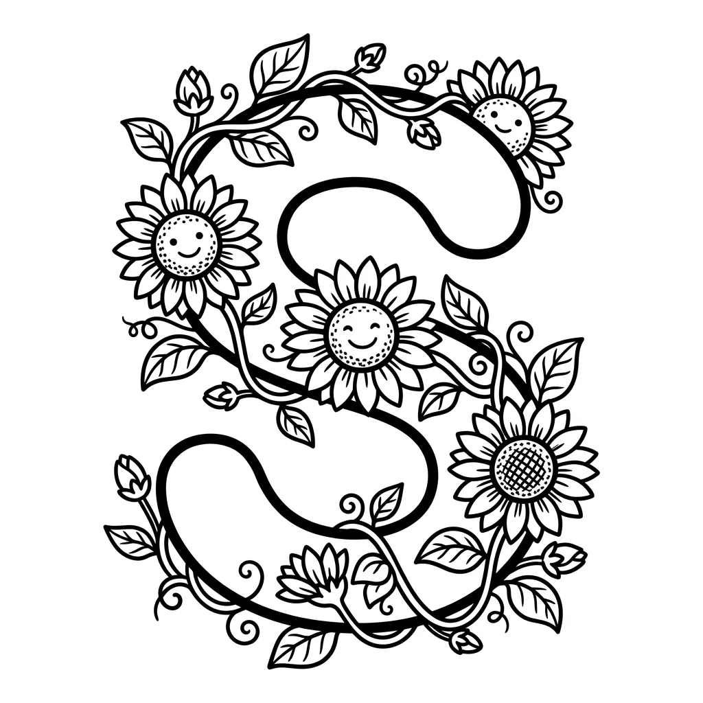 Letter S bloemen kleurplaat 2