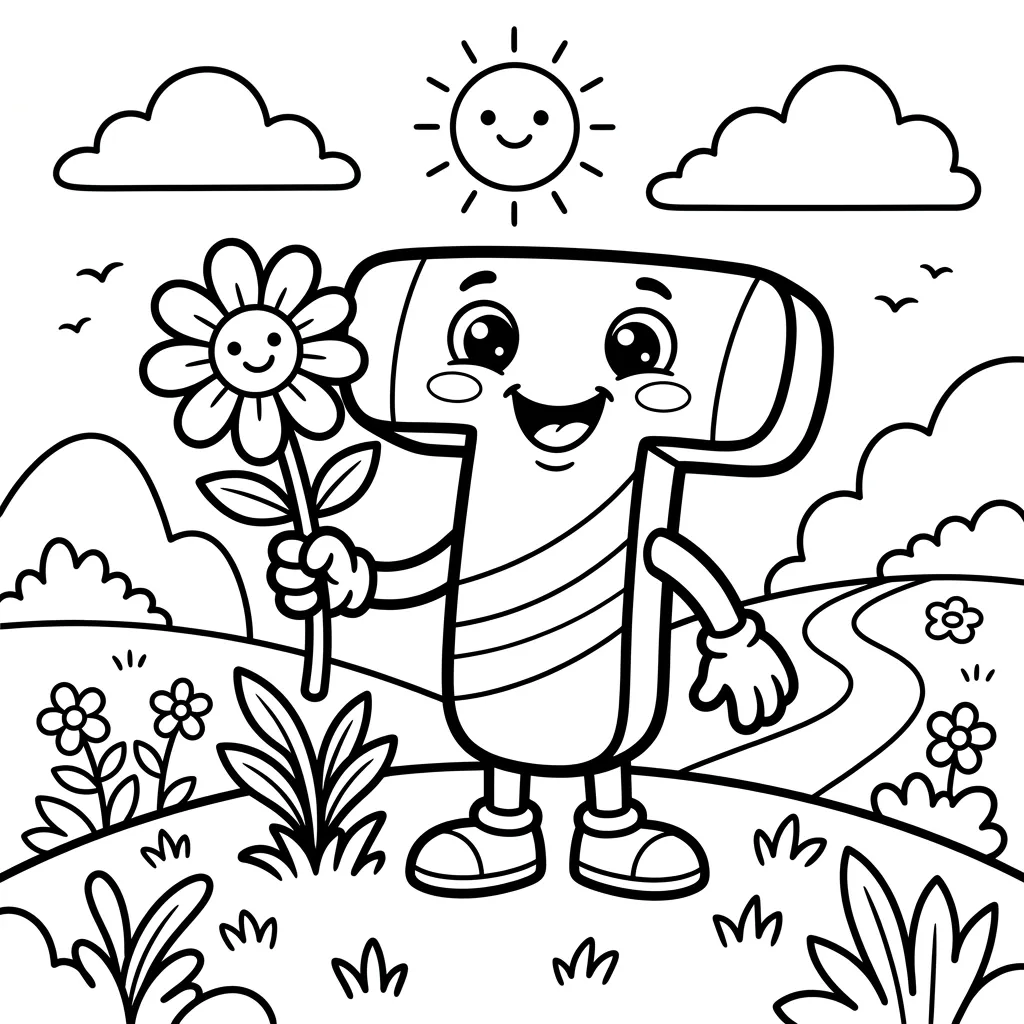 Letter T bloemen kleurplaat 2